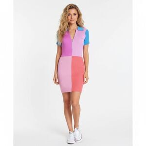 Dee Elly Pink Color Block Ribbed Collared Mini Dress Small